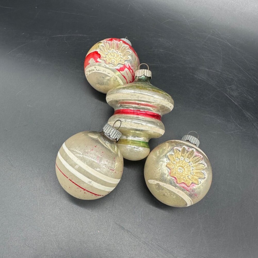 Vintage Shiny Brite Christmas Ornaments Mid Century Set Of 4 USA Indent Tornado